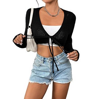 Women Crochet Cropped Cardigan Casucal Tie Front Shrug Sweater