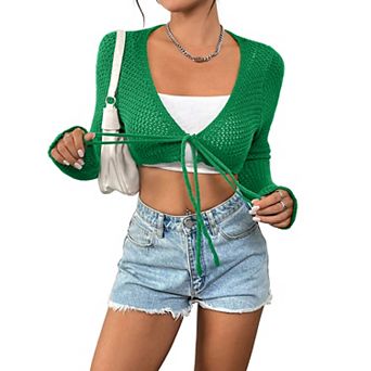 Women Crochet Cropped Cardigan Casucal Tie Front Shrug Sweater