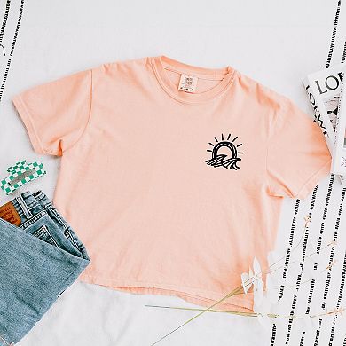 Sun and Waves Sketch - Women's Boxy Crop Top Graphic T-Shirt