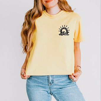 Sun and Waves Sketch - Women's Boxy Crop Top Graphic T-Shirt