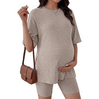 Ekouaer Women Maternity Lounge Set Two Piece Outfits Shirts and Biker Shorts Pregnancy Pajamas Mama