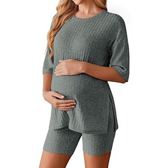 Ekouaer Women Maternity Lounge Set Two Piece Outfits Shirts and Biker Shorts Pregnancy Pajamas Mama