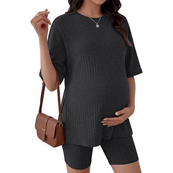 Ekouaer Women Maternity Lounge Set Two Piece Outfits Shirts and Biker Shorts Pregnancy Pajamas Mama