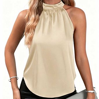 Women's Sleeveless Halter Top, Solid Cold Shoulder Satin Blouse for Summer