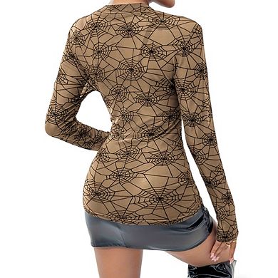 Women's Casual Sheer Mesh Blouse Mock Neck Spiderweb Print Long Sleeve Fitted Top