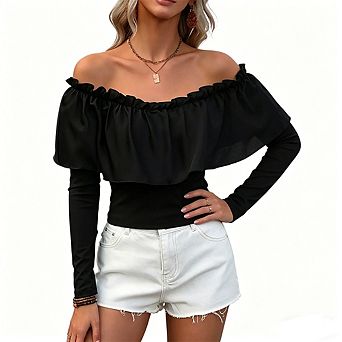 Women Long Sleeve Off Shoulder Ruffle Blouse Layered Fitted Waist Casual Going Out Top