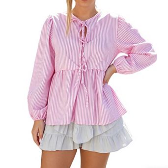 Womens Striped Peplum Blouse Tie Front Long Puff Sleeve Casual Loose Babydoll Tops