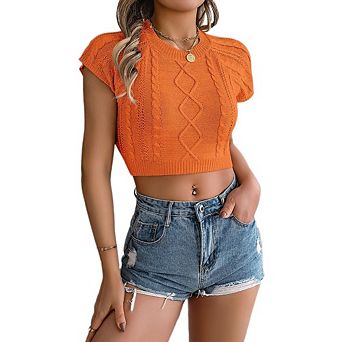 Women's Cable Knit Cropped Sweater Short Sleeve Crewneck Crop Top Casual Knit Vacation Blouse