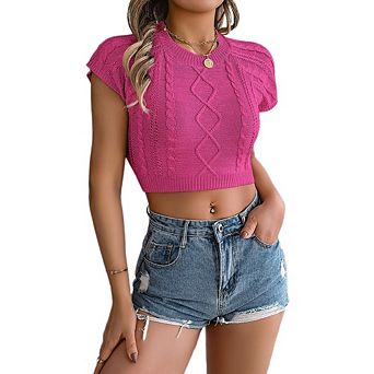 Women's Cable Knit Cropped Sweater Short Sleeve Crewneck Crop Top Casual Knit Vacation Blouse
