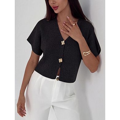 Women Crop Button Sweater Elegant Short Sleeve Shirt