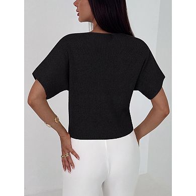 Women Crop Button Sweater Elegant Short Sleeve Shirt