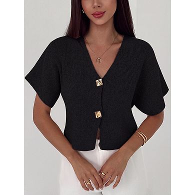 Women Crop Button Sweater Elegant Short Sleeve Shirt