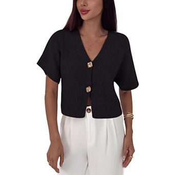 Women Crop Button Sweater Elegant Short Sleeve Shirt