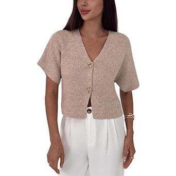 Women Crop Button Sweater Elegant Short Sleeve Shirt