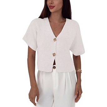 Women Crop Button Sweater Elegant Short Sleeve Shirt