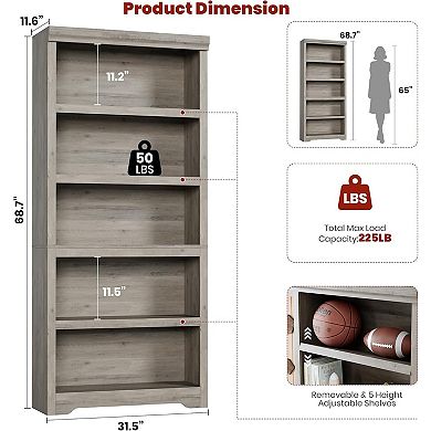 5-Tier Bookshelf, Farmhouse Bookcase with Adjustable Shelves, Open Display Storage Rack for Home