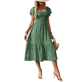 Women's Off-Shoulder Floral Smocked Midi Dress, Short Puff Sleeve High Low Hem Dress