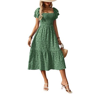 smocked dress off shoulder Ruffle Maxi with Sleeves, Waist, Side Split, Polka Dot Print (US, Alpha, Small, Regular, Regular, Brown/White) at Amazon Women's Clothing store Smocked Neckline Smocked Off Shoulder Maxi Dress