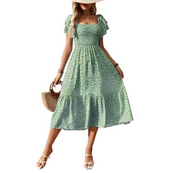 Women's Off-Shoulder Floral Smocked Midi Dress, Short Puff Sleeve High Low Hem Dress