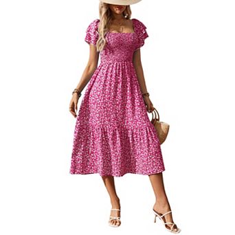 Women's Off-Shoulder Floral Smocked Midi Dress, Short Puff Sleeve High Low Hem Dress