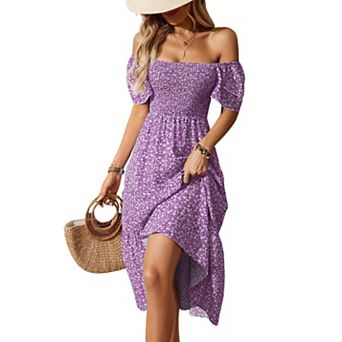 Women's Off-Shoulder Floral Smocked Midi Dress, Short Puff Sleeve High Low Hem Dress