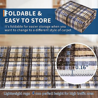 Washable Low Pile Plaid Rug with Non-Slip Backing, Soft Printed Carpet, Pet Friendly
