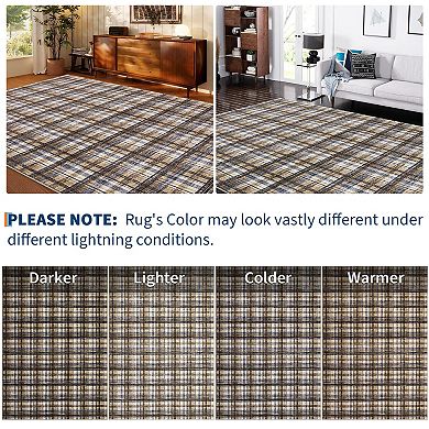 Washable Low Pile Plaid Rug with Non-Slip Backing, Soft Printed Carpet, Pet Friendly