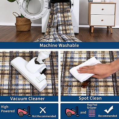 Washable Low Pile Plaid Rug with Non-Slip Backing, Soft Printed Carpet, Pet Friendly