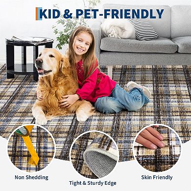 Washable Low Pile Plaid Rug with Non-Slip Backing, Soft Printed Carpet, Pet Friendly