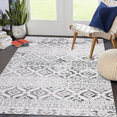 Boho Moroccan Geometric Area Rug - Washable Non Slip Stain Resistant Carpet for Living Room