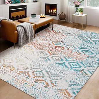 Boho Moroccan Geometric Area Rug - Washable Non Slip Stain Resistant Carpet for Living Room