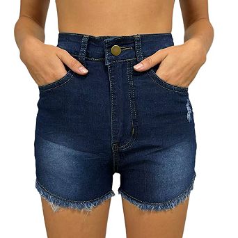 Women's High Waist Frayed Hem Denim Shorts, Stretchy Wash Distressed Jean Shorts