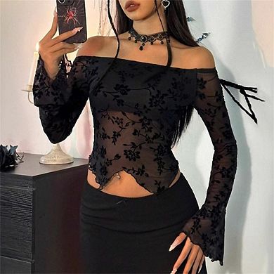 Women's Sheer Mesh Off Shoulder Long Sleeve Asymmetrical Hem T Shirt