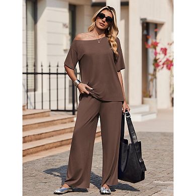 Ekouaer Lounge Sets Off Shoulder Tops and Long Pants Two Piece Set Summer Soft Matching Outfit