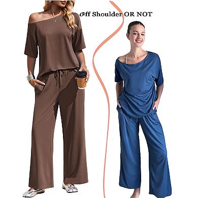 Ekouaer Lounge Sets Off Shoulder Tops and Long Pants Two Piece Set Summer Soft Matching Outfit