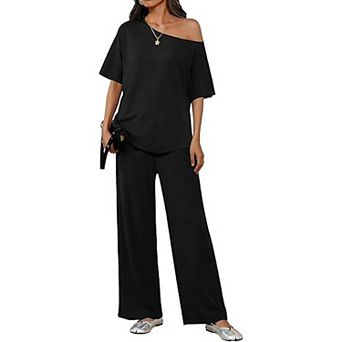 Ekouaer Lounge Sets Off Shoulder Tops and Long Pants Two Piece Set Summer Soft Matching Outfit