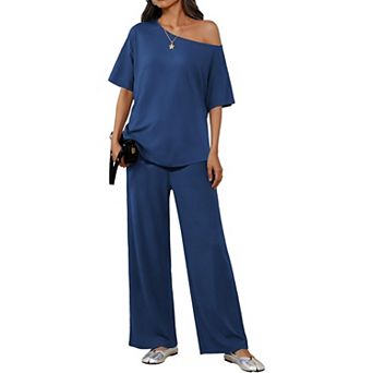 Ekouaer Lounge Sets Off Shoulder Tops and Long Pants Two Piece Set Summer Soft Matching Outfit