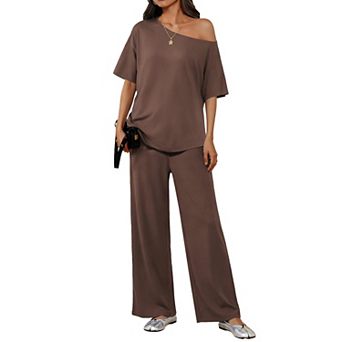 Ekouaer Lounge Sets Off Shoulder Tops and Long Pants Two Piece Set Summer Soft Matching Outfit