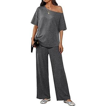 Ekouaer Lounge Sets Off Shoulder Tops and Long Pants Two Piece Set Summer Soft Matching Outfit