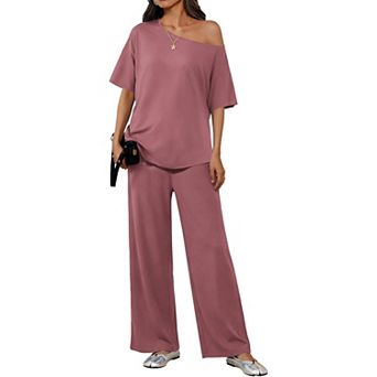 Ekouaer Lounge Sets Off Shoulder Tops and Long Pants Two Piece Set Summer Soft Matching Outfit