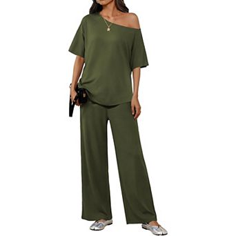 Ekouaer Lounge Sets Off Shoulder Tops and Long Pants Two Piece Set Summer Soft Matching Outfit