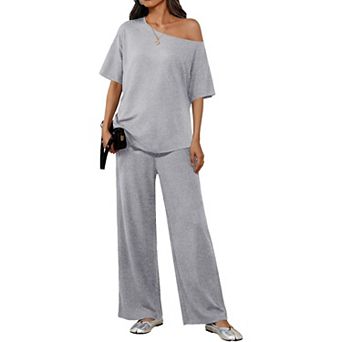 Ekouaer Lounge Sets Off Shoulder Tops and Long Pants Two Piece Set Summer Soft Matching Outfit