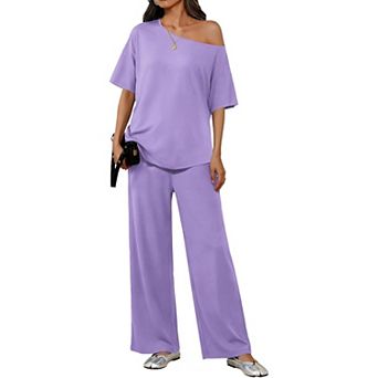 Ekouaer Lounge Sets Off Shoulder Tops and Long Pants Two Piece Set Summer Soft Matching Outfit