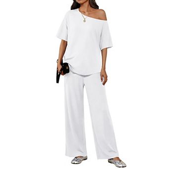 Ekouaer Lounge Sets Off Shoulder Tops and Long Pants Two Piece Set Summer Soft Matching Outfit