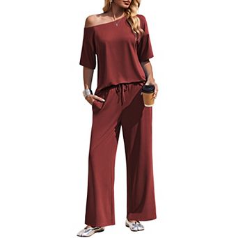Ekouaer Lounge Sets Off Shoulder Tops and Long Pants Two Piece Set Summer Soft Matching Outfit