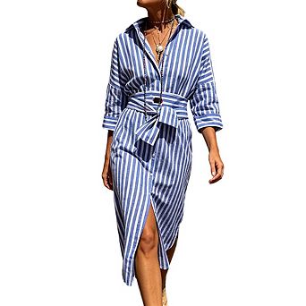 Women Striped Shirt Dress Belted Button-Down Midi Dress
