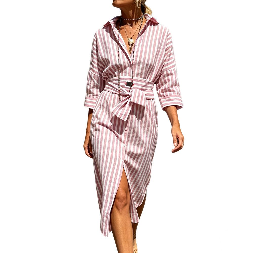 Женские платья Women Striped Shirt Dress Belted Button-Down Midi Dress