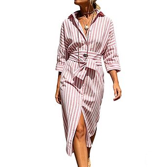 Women Striped Shirt Dress Belted Button-Down Midi Dress