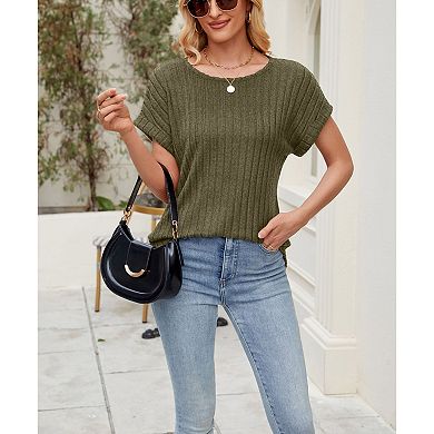 Women's Ribbed Knit Short Sleeve Top Round Neck Casual Dolman Sleeve Blouse