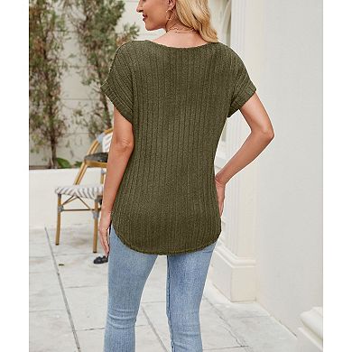 Women's Ribbed Knit Short Sleeve Top Round Neck Casual Dolman Sleeve Blouse